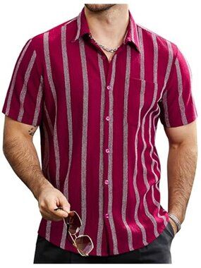 Mens Ribbed Button Down Shirt Short Sleeve Textured Casual Summer Beach Top